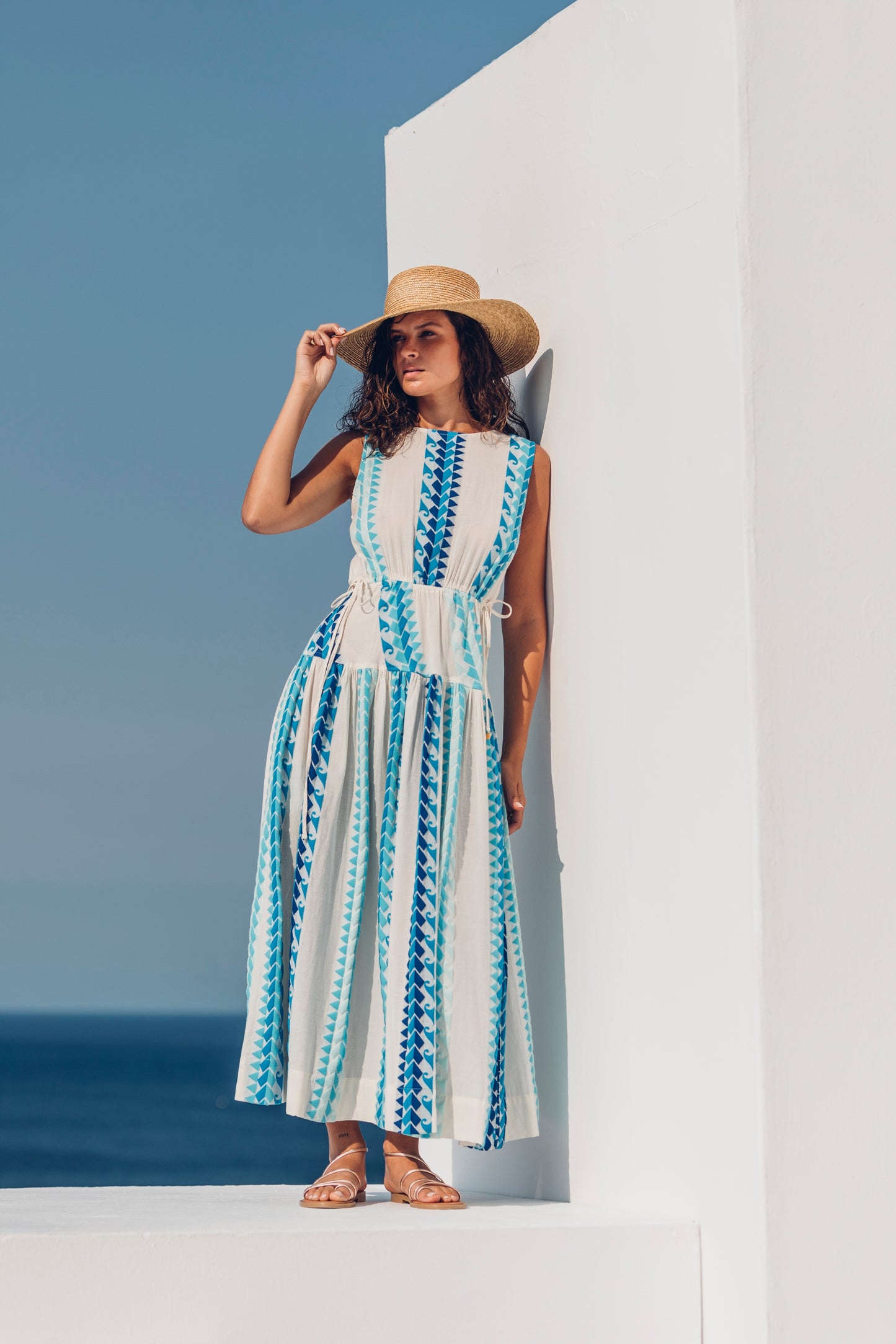Front facing Nema Neira Jacquard Blue Maxi Dress. The perfect addition to your luxury designer resort wear wardrobe.