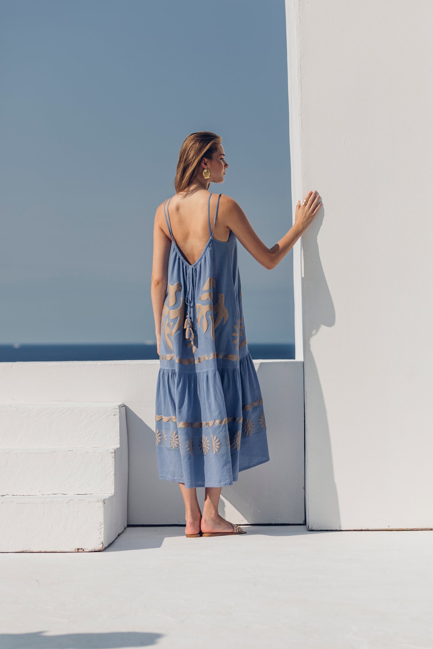 Back facing **PRE-ORDER 1st APRIL** Nema Kalia Embroidered Ciel Maxi Dress. The perfect addition to your luxury designer resort wear wardrobe.