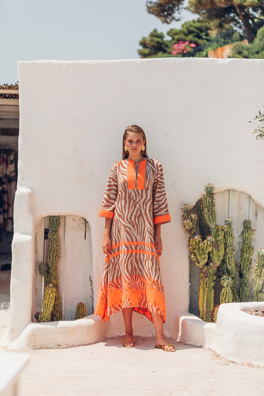 Front facing **PRE-ORDER 1st APRIL** Nema Mera Zebra Print Embroidered Maxi Dress. The perfect addition to your luxury designer resort wear wardrobe.