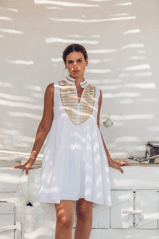 Front facing **PRE-ORDER 1st APRIL** Nema Dafne White Sleeveless Dress With Gold Embroidery. The perfection addition to your luxury designer resort wear wardrobe.