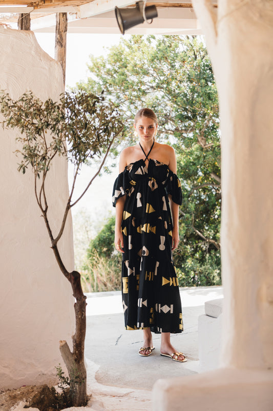 Front facing **PRE-ORDER 1st APRIL** Nema Sadie Embroidered Black Geometric Dress. The perfect addition to your luxury designer resort wear wardrobe.