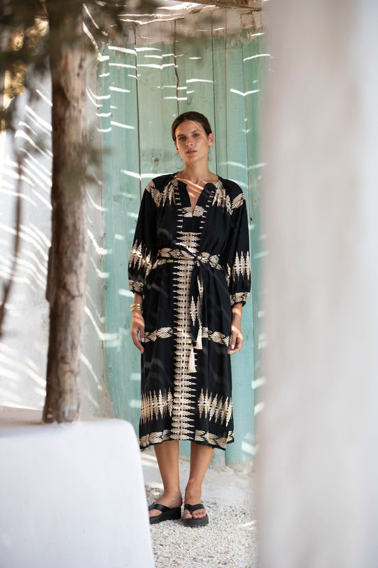 Front view **PRE-ORDER 1st APRIL** Eliana Gold Embroidered Feather Black Maxi Dress.The perfection addition to your luxury designer resort wear wardrobe.