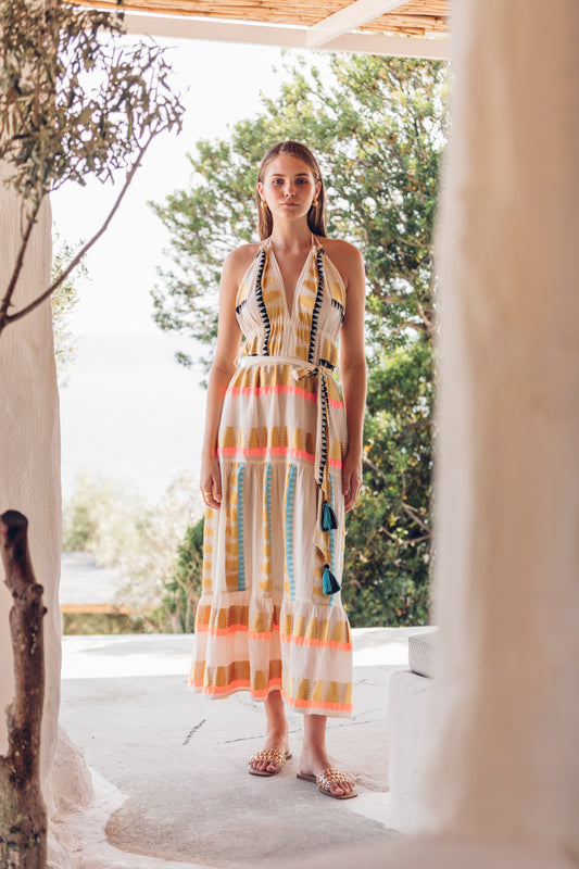 Front facing **PRE-ORDER 1st APRIL** Nema Karen Embroidered Backless Halter Neck Dress. The perfect addition to your luxury designer resort wear wardrobe.