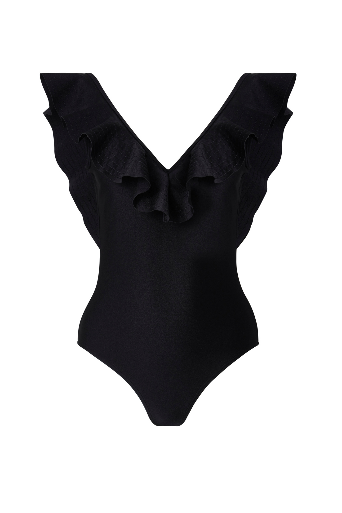 product only Malina Swimsuit with v-neck and ruffle detail. The perfect addition to your luxury designer resort wear wardrobe.