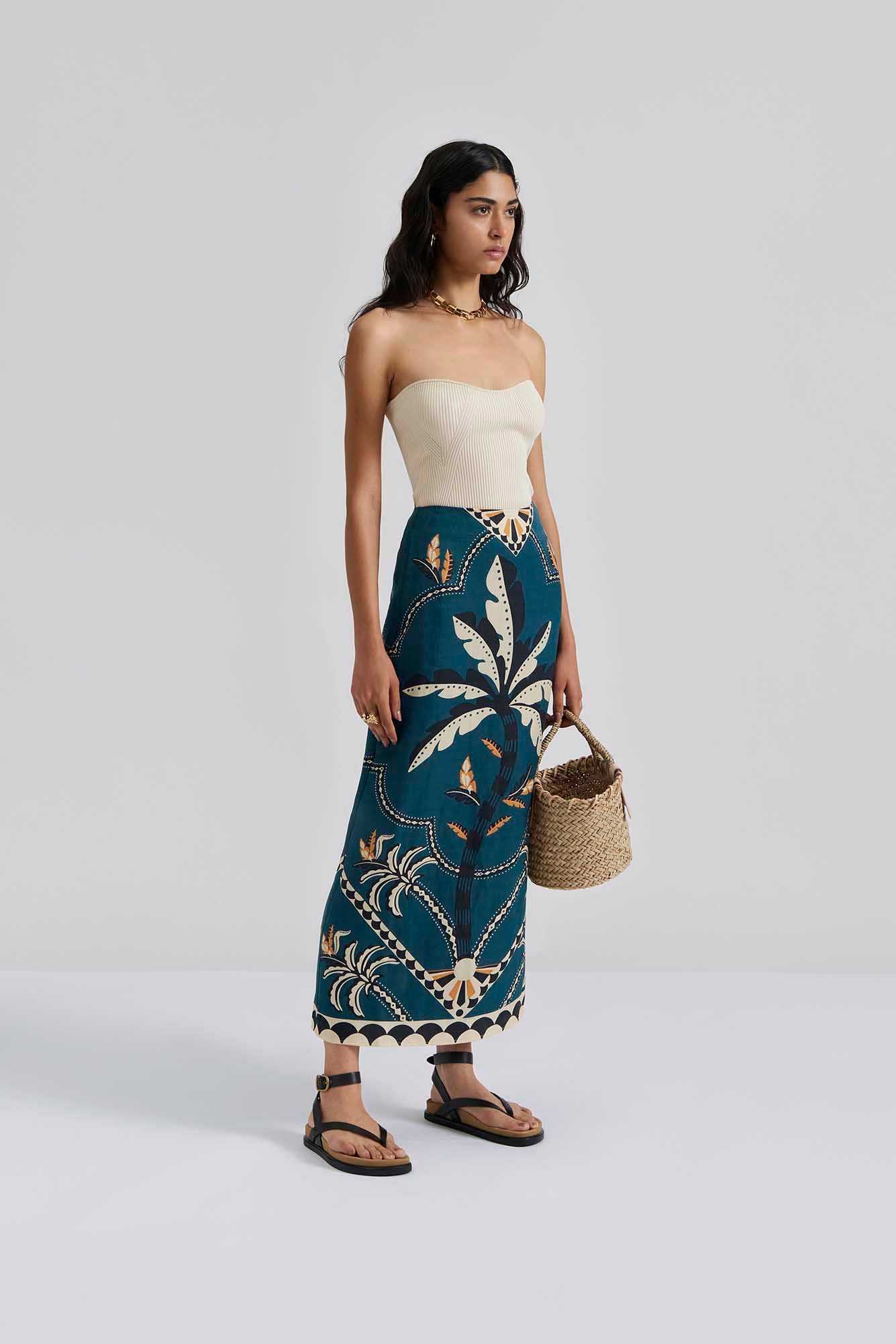 Front facing Malina Printed midi skirt with a straight fit. The perfection addition to your luxury designer resort wear wardrobe.