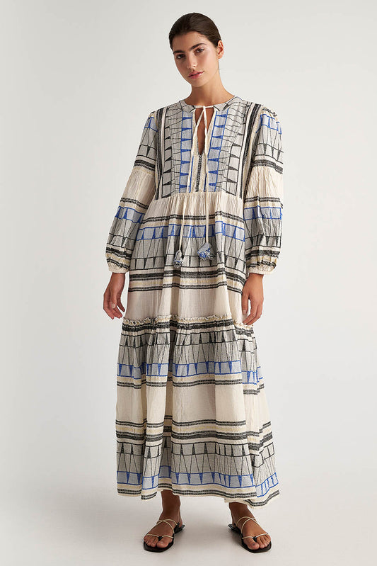 Front facing Pearl & Caviar Long sleeve maxi dress with embroidered detailing. The perfection addition to your luxury designer resort wear wardrobe.