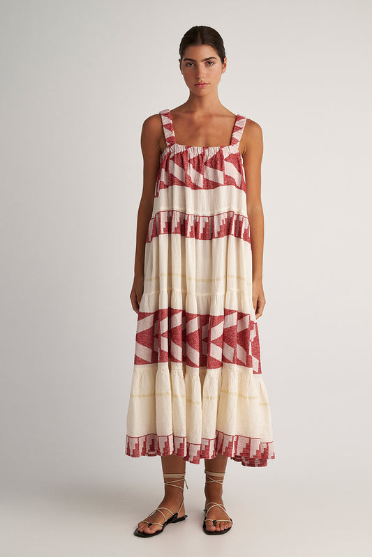 Front facing Pearl & Caviar Floaty burgundy midi dress with elasticated straps.The perfection addition to your luxury designer resort wear wardrobe.