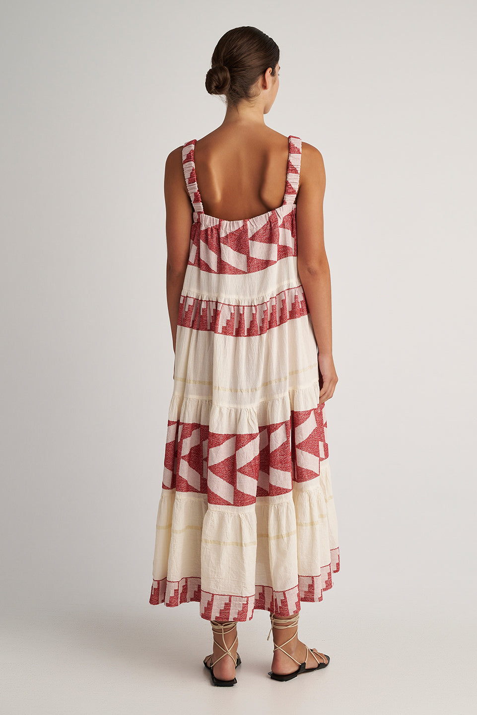 Back image Pearl & Caviar Floaty burgundy midi dress with elasticated straps.The perfection addition to your luxury designer resort wear wardrobe.