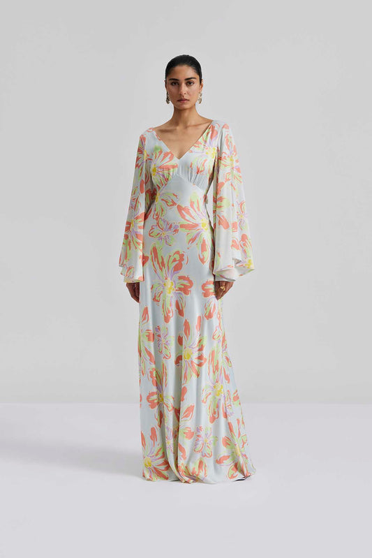 Front facing Malina Patterned maxi dress. The perfect addition to your luxury designer resort wear wardrobe.