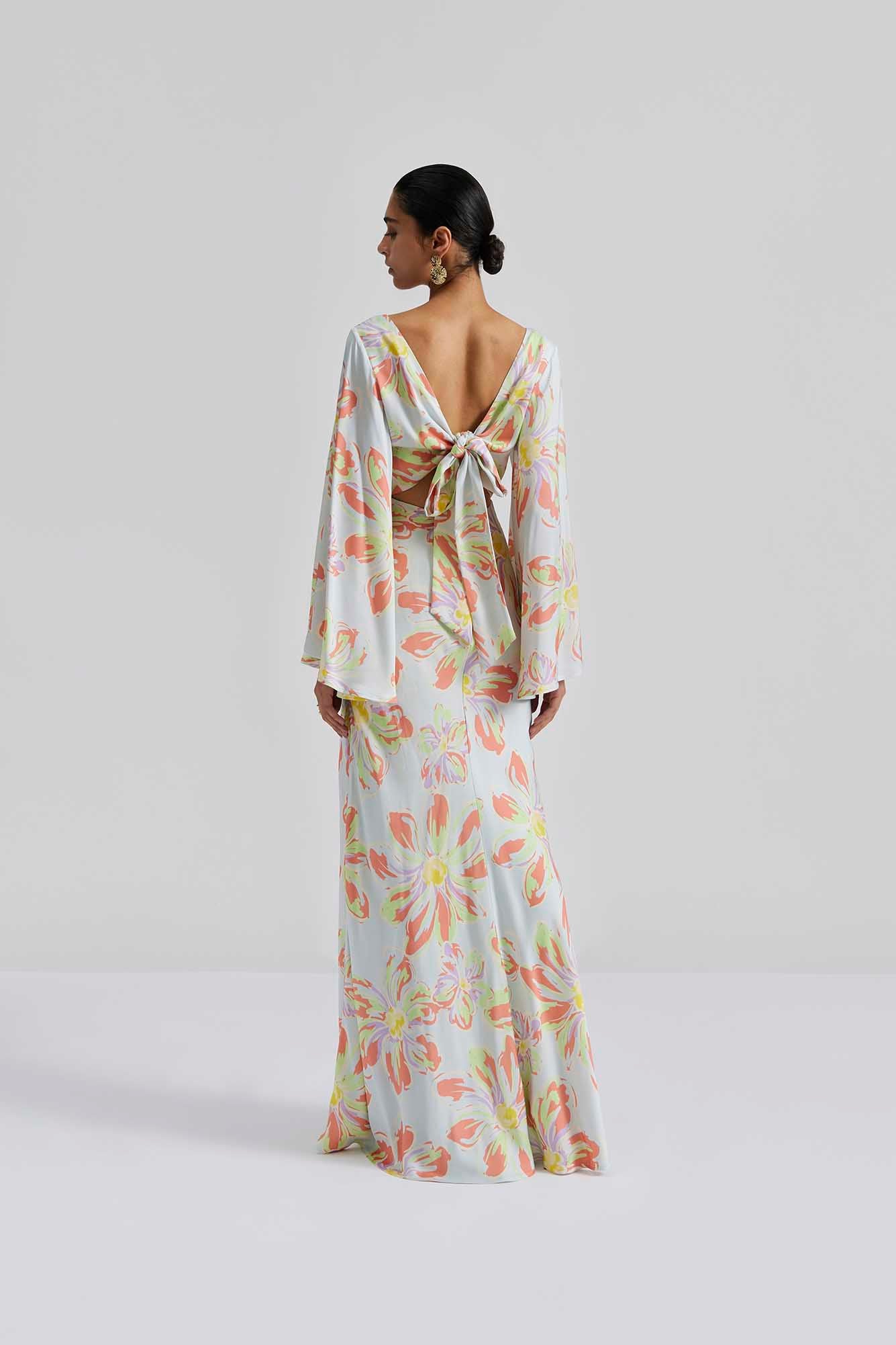 Back facing Front facing Malina Patterned maxi dress. The perfect addition to your luxury designer resort wear wardrobe.