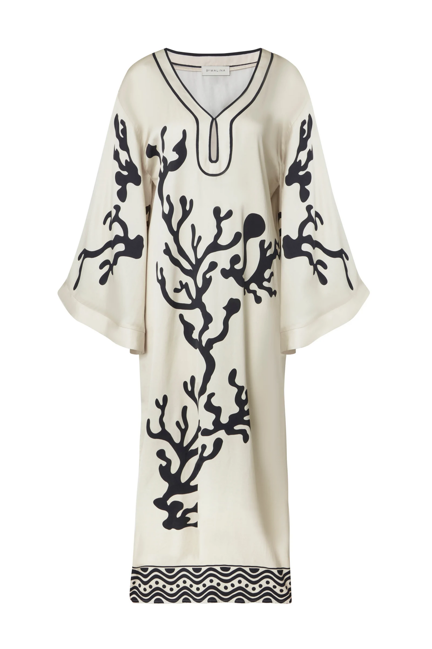 Product only Malina Printed satin kaftan dress with wide sleeve and cut-out details. The perfect addition to your luxury designer resort wear wardrobe.