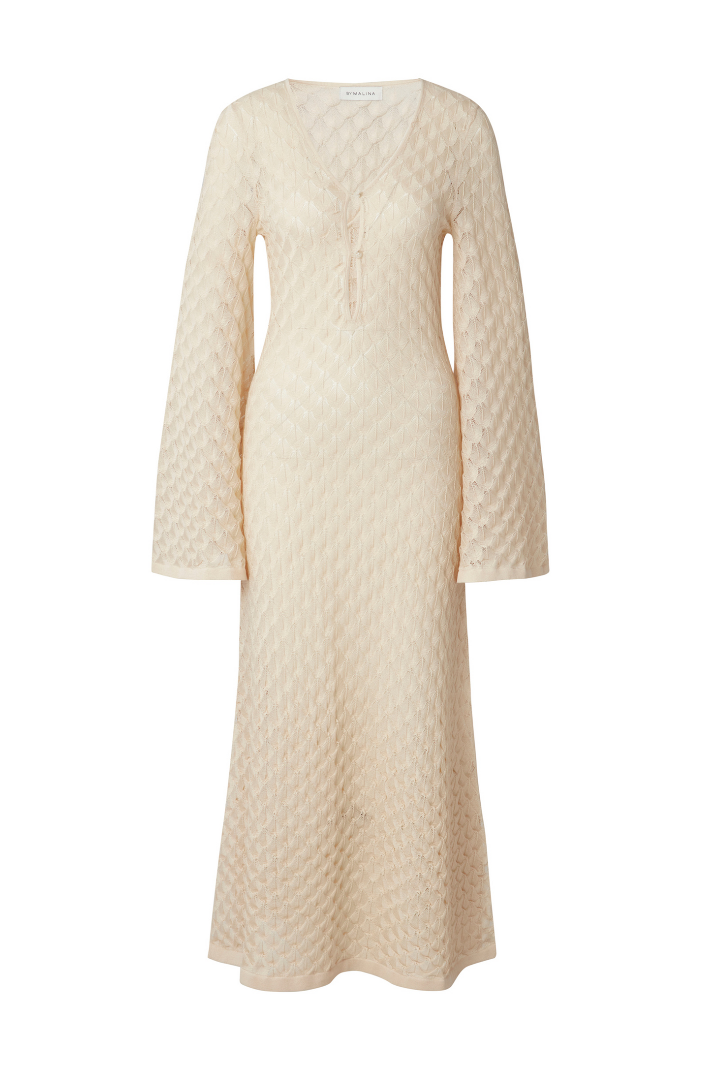 Product only Malina Knitted kaftan in maxi length with wide sleeves and cut-out neckline details. The perfect addition to your luxury designer resort wear wardrobe.