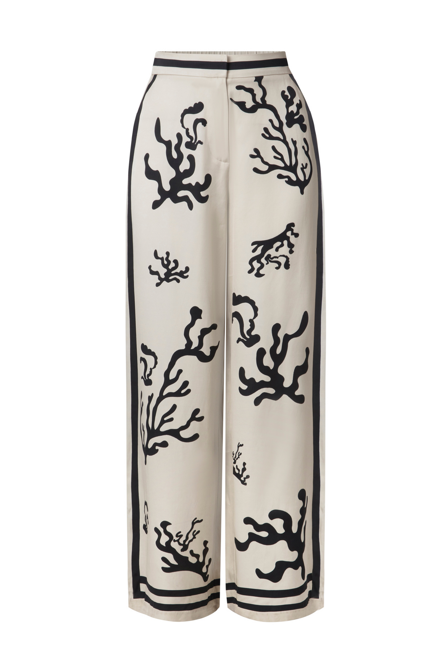 Close up 4 Malina Cream and black printed palazzo pants in a wide fit. The perfection addition to your luxury designer resort wear wardrobe.