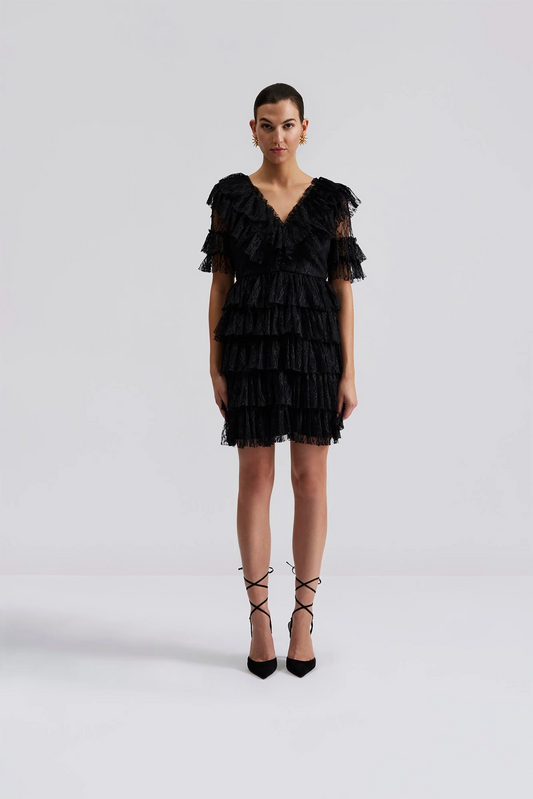 Front facing Malina Ready-to-Wear short sleeved lace dress with frill details and v-neck. The perfect addition to your luxury designer resort wear wardrobe.