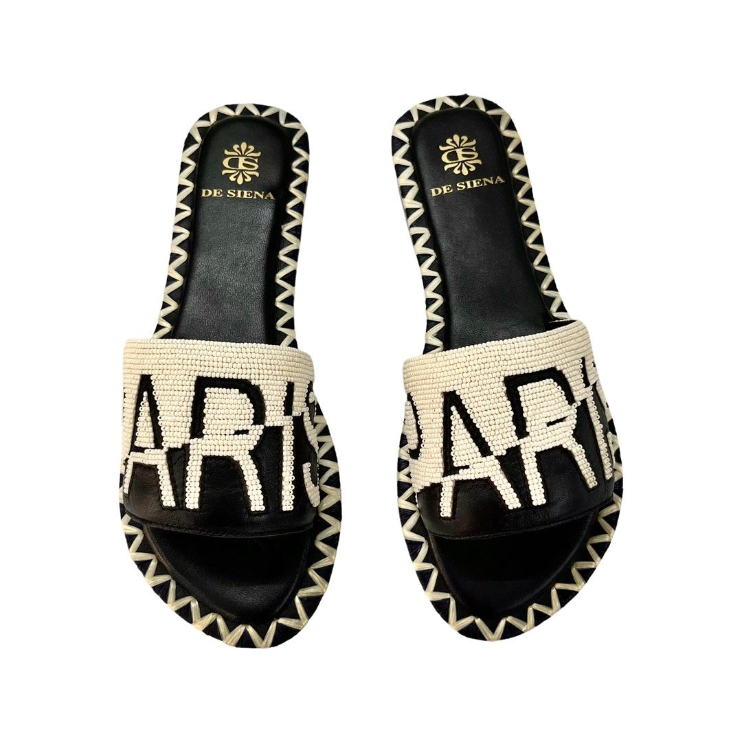 Front facing De Siena Handcrafted Beaded strap sandal with leather sole. The perfect addition to your luxury designer resort wear wardrobe.