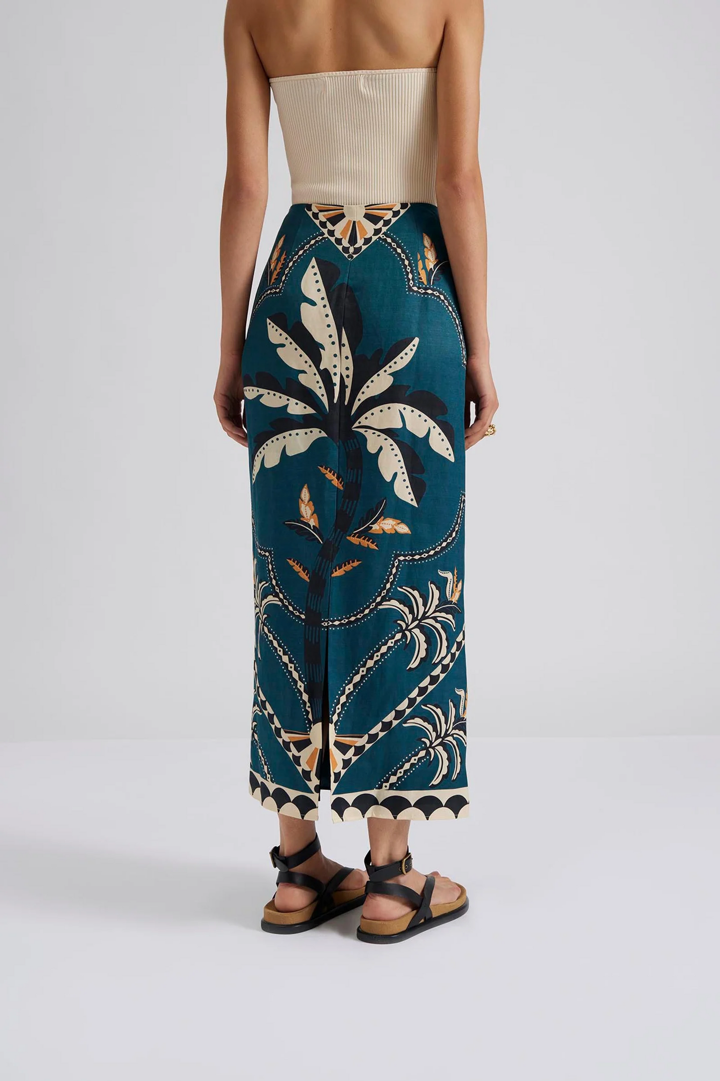 Back Malina Printed midi skirt with a straight fit. The perfection addition to your luxury designer resort wear wardrobe.