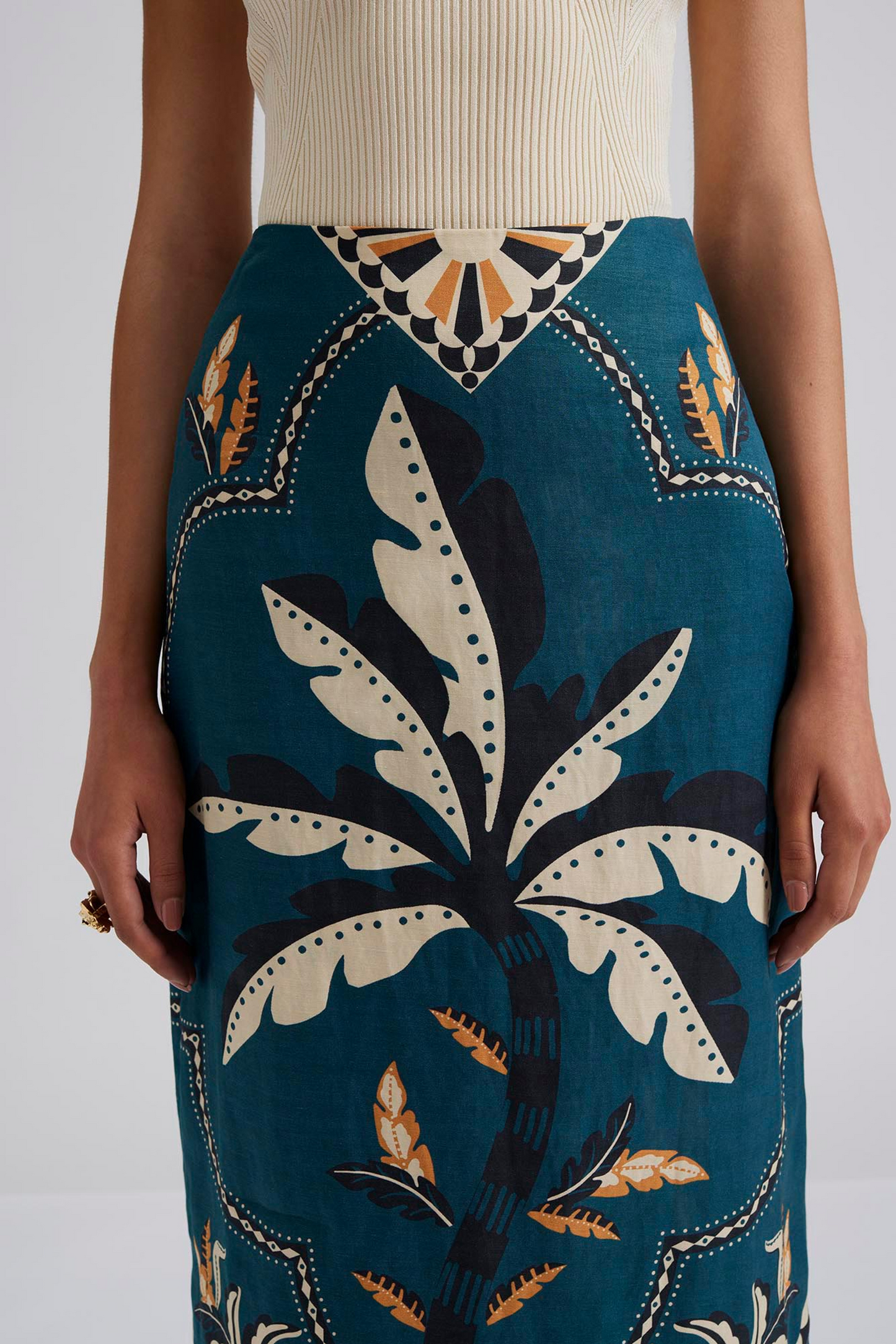 Front facing close up Malina Printed midi skirt with a straight fit. The perfection addition to your luxury designer resort wear wardrobe.