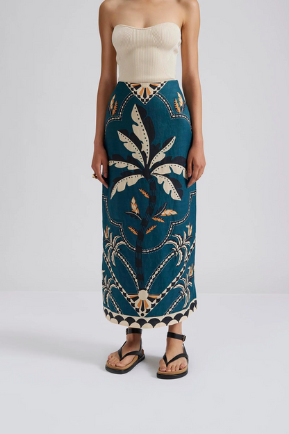 Overall image Malina Printed midi skirt with a straight fit. The perfection addition to your luxury designer resort wear wardrobe. 