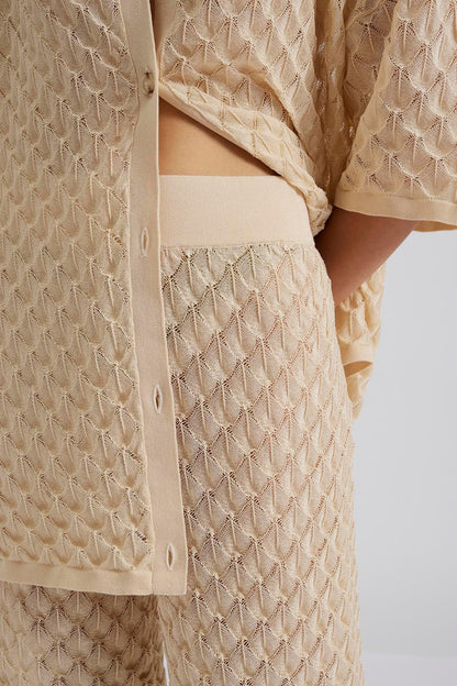 Very close up Malina designer high waisted wide knit crocheted pants with elasticated waist. Perfect for your next luxury trip to paradise.