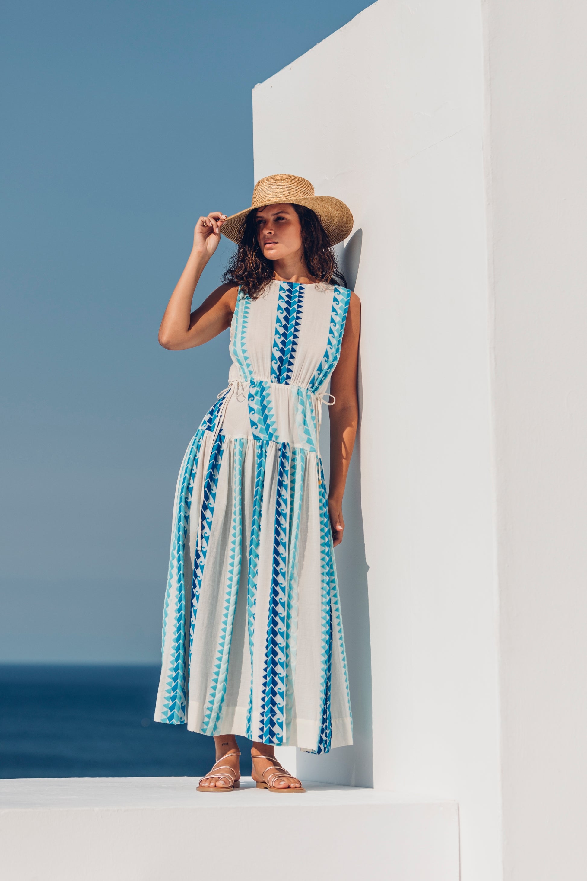 Front facing Nema Neira Jacquard Blue Maxi Dress. The perfect addition to your luxury designer resort wear wardrobe.  