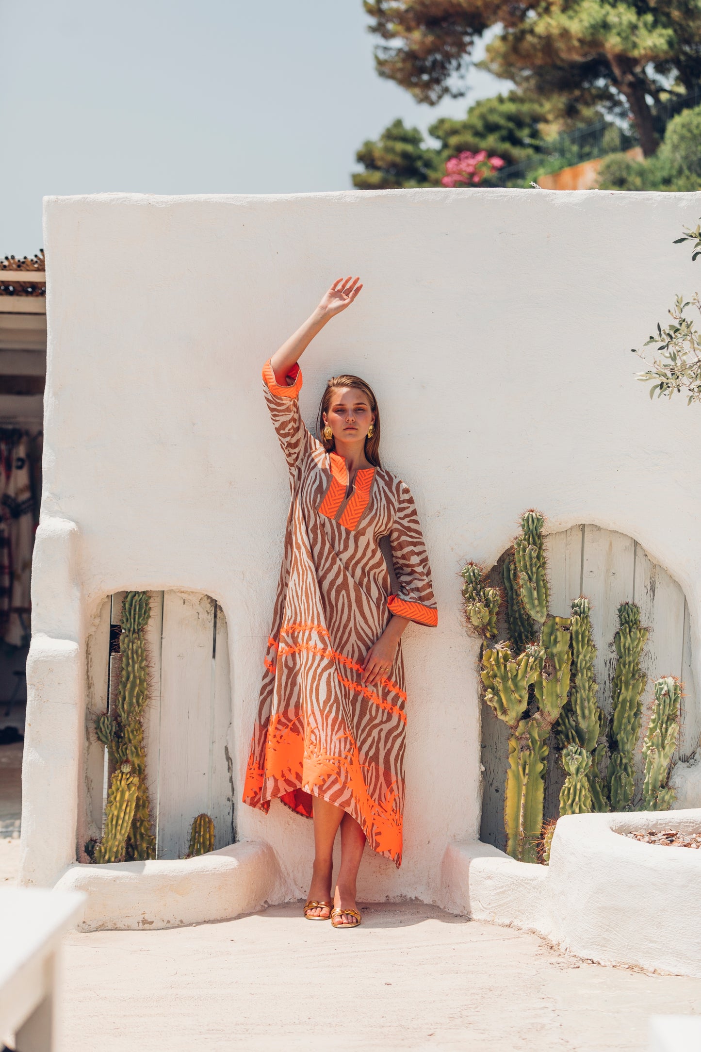 Front facing 2 **PRE-ORDER 1st APRIL** Nema Mera Zebra Print Embroidered Maxi Dress. The perfect addition to your luxury designer resort wear wardrobe.  