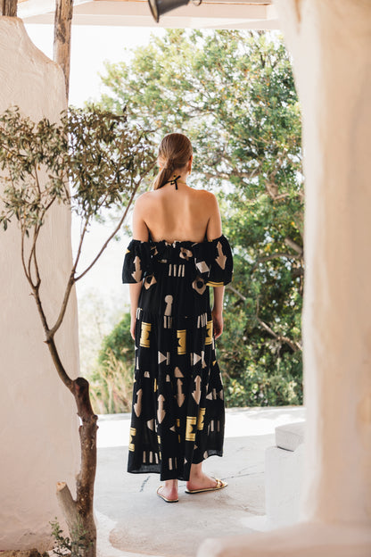 Back facing **PRE-ORDER 1st APRIL** Nema Sadie Embroidered Black Geometric Dress. The perfect addition to your luxury designer resort wear wardrobe.  