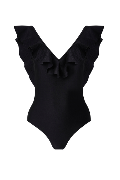 product only Malina Swimsuit with v-neck and ruffle detail. The perfect addition to your luxury designer resort wear wardrobe.  