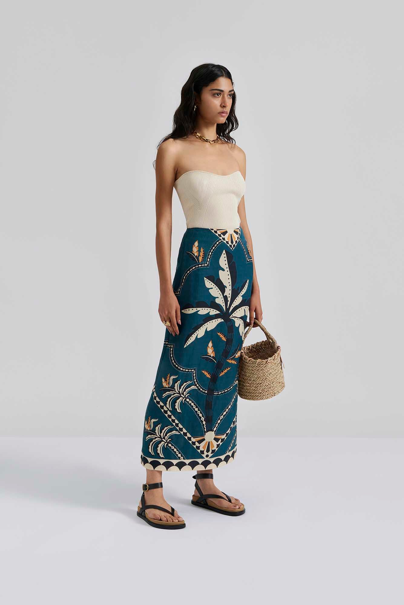 Front facing Malina Printed midi skirt with a straight fit. The perfection addition to your luxury designer resort wear wardrobe. 