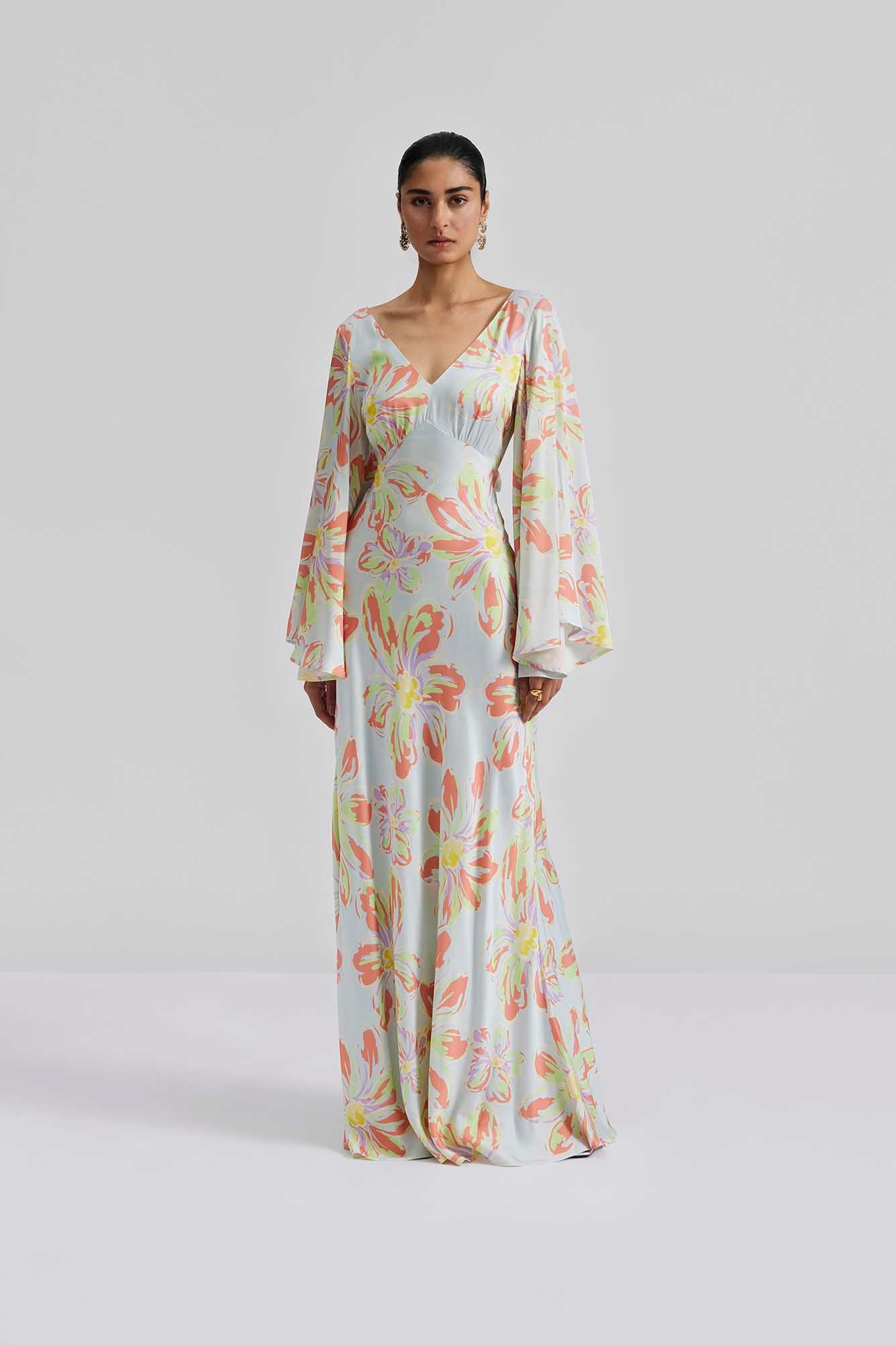 Front facing Malina Patterned maxi dress. The perfect addition to your luxury designer resort wear wardrobe.  