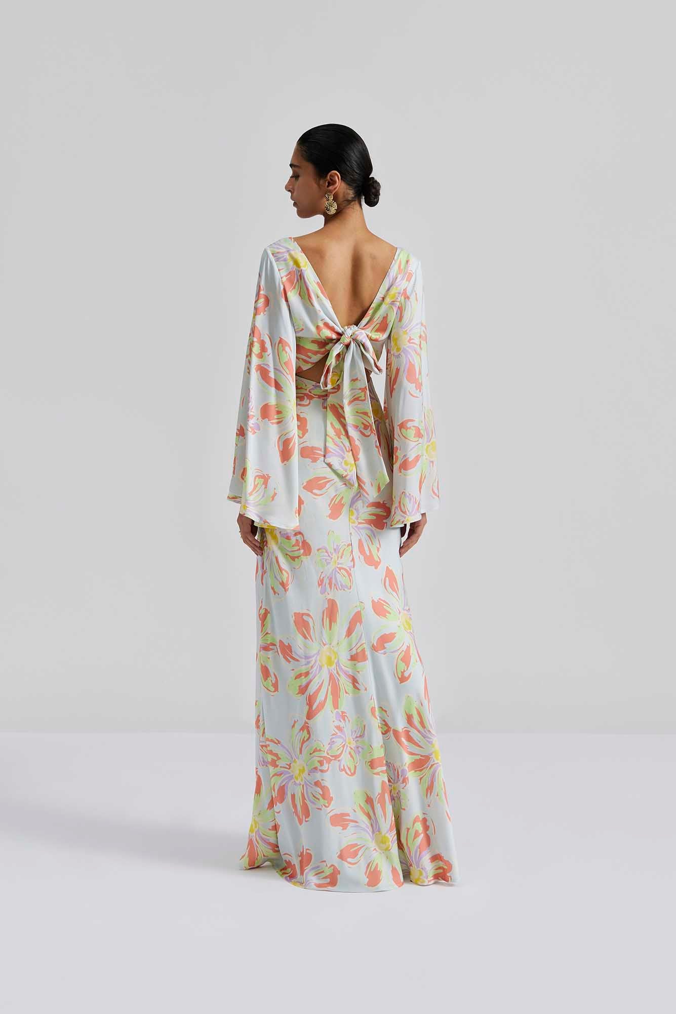 Back facing Front facing Malina Patterned maxi dress. The perfect addition to your luxury designer resort wear wardrobe.  