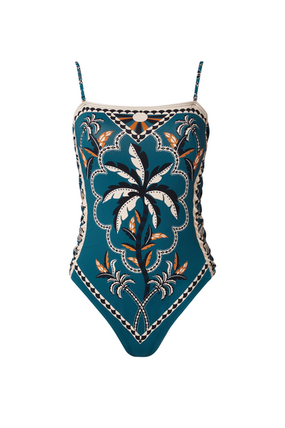 Product only Malina Printed swimsuit with fern tie shoulder. The perfection addition to your luxury designer resort wear wardrobe. 