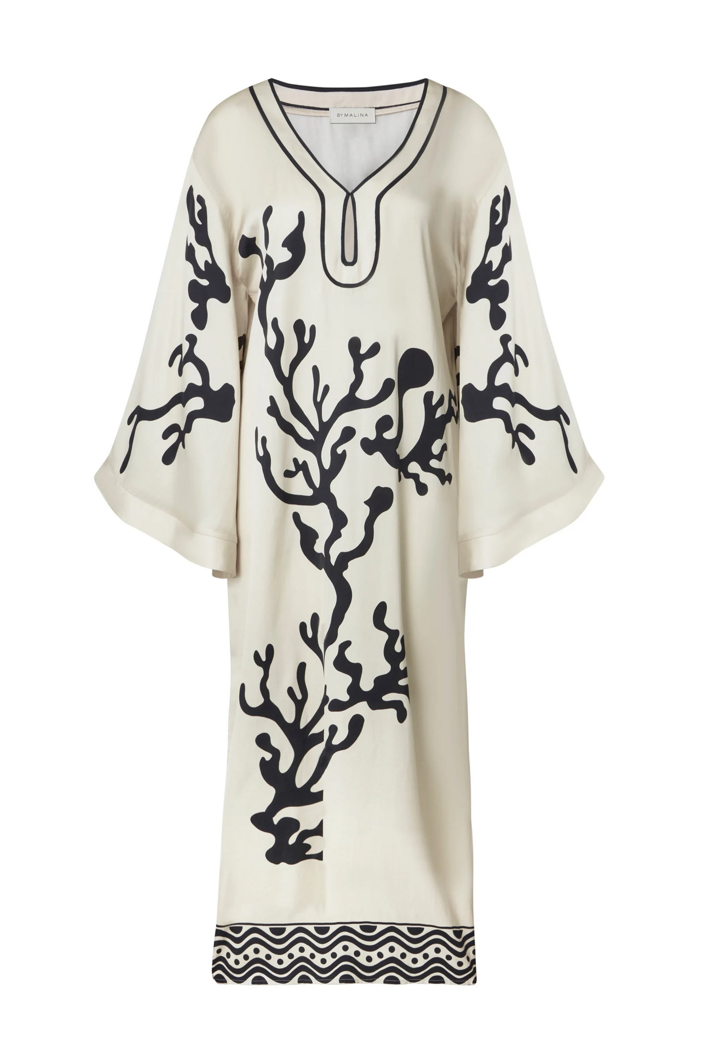 Product only Malina Printed satin kaftan dress with wide sleeve and cut-out details. The perfect addition to your luxury designer resort wear wardrobe.  