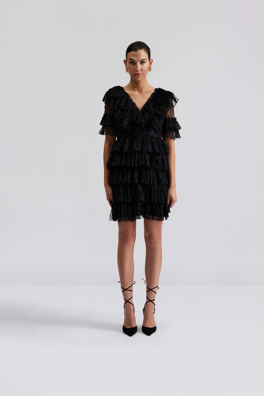 Front facing Malina Ready-to-Wear short sleeved lace dress with frill details and v-neck. The perfect addition to your luxury designer resort wear wardrobe.  