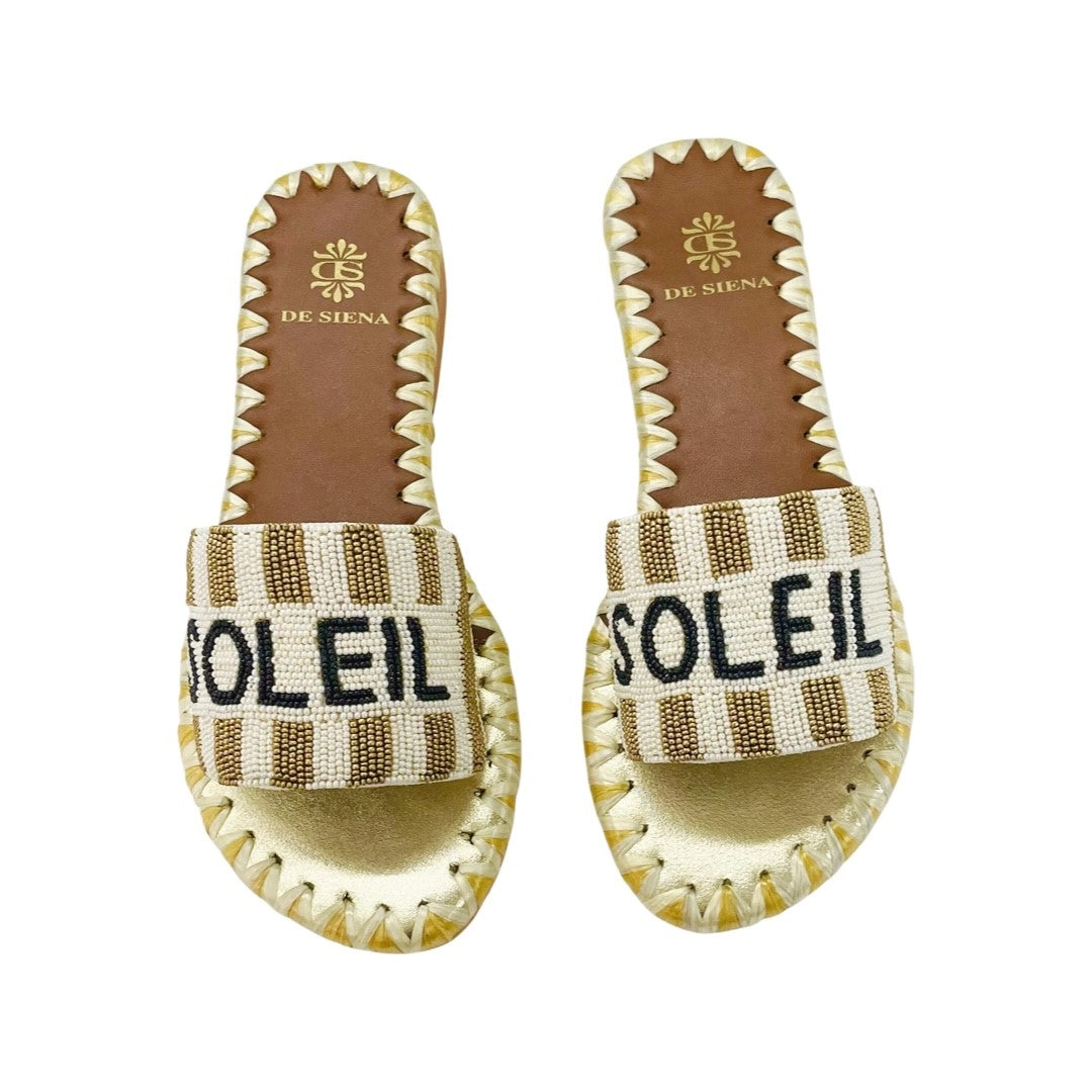 Front facing De Siena Handcrafted 'soleil' strip beaded design sandal with leather sole. The perfect addition to your luxury designer resort wear wardrobe.  