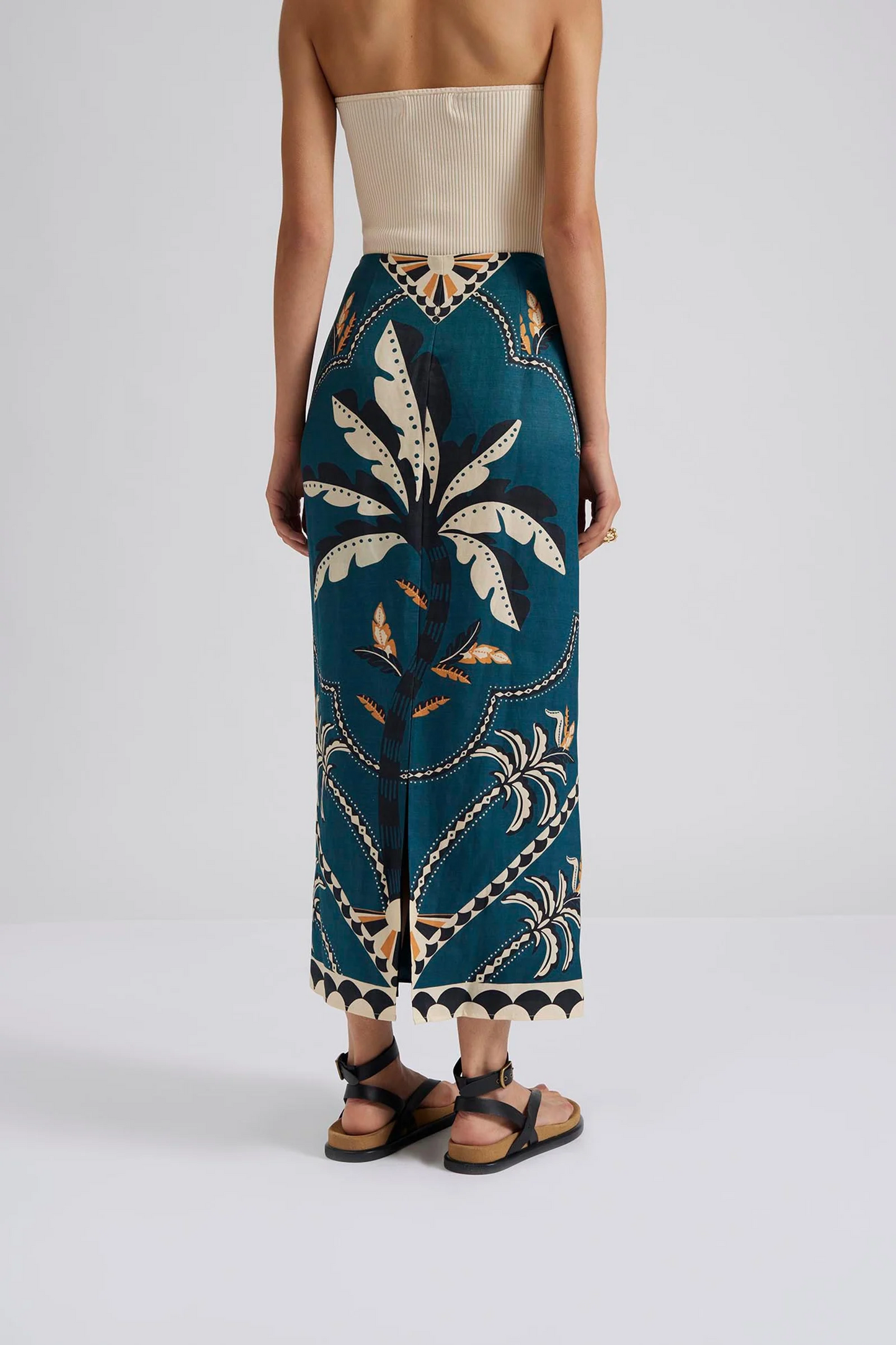 Back Malina Printed midi skirt with a straight fit. The perfection addition to your luxury designer resort wear wardrobe. 